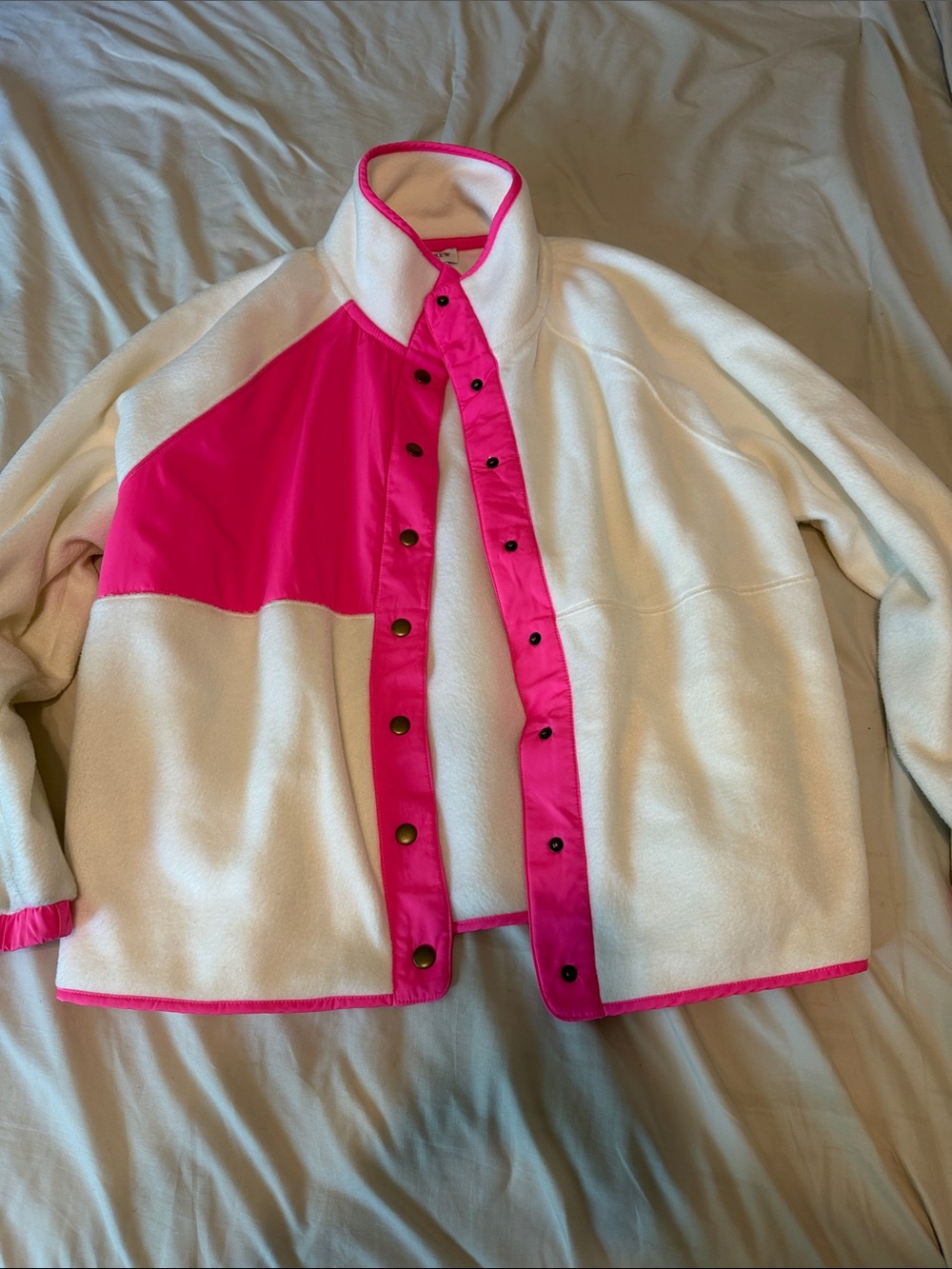J. Crew White Teddy Jacket with Hot Pink Trim